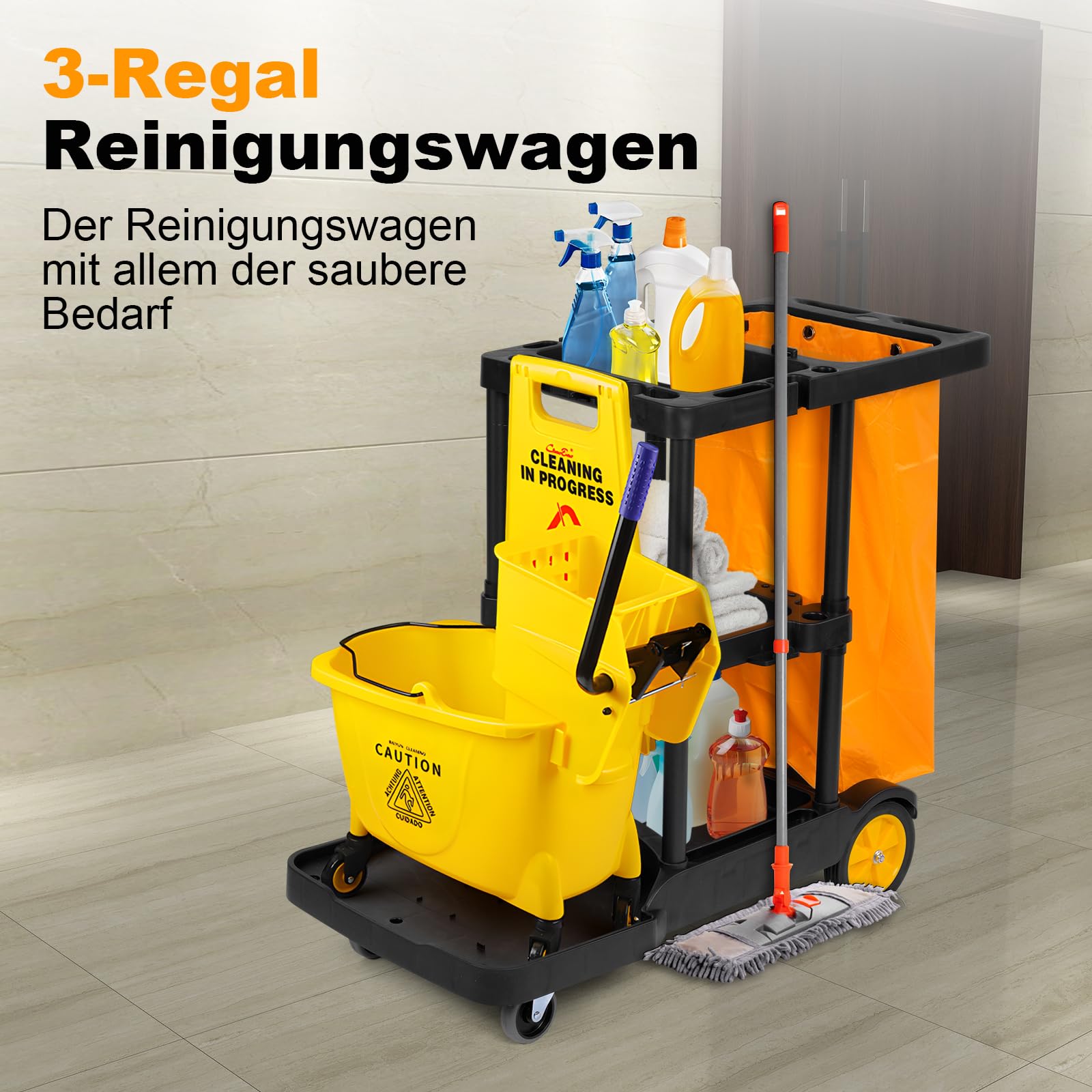 bimiti Profi Putzwagen Reinigungswagen mit extra groß Tasche, 113 x 56 x 93 cm, 3 Ebenen Reinigungswagen Putzwagen Haushaltswagen mit 4 Rollen, Große Kapazität 65 L Müllsack, Gelb + Schwarz