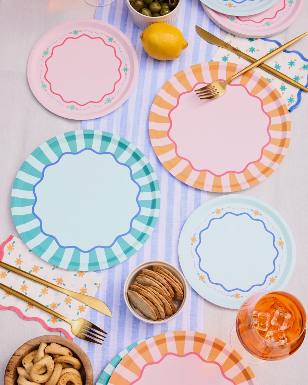 xo, Fetti Italian Summer Paper Plates - 32 pk, 16 9" plates + 16 7" plates | Bachelorette Party Decorations, Last Toast Coast, Birthday Party Supplies, Flower Baby Shower, Stripe Cake Plates - Image 3