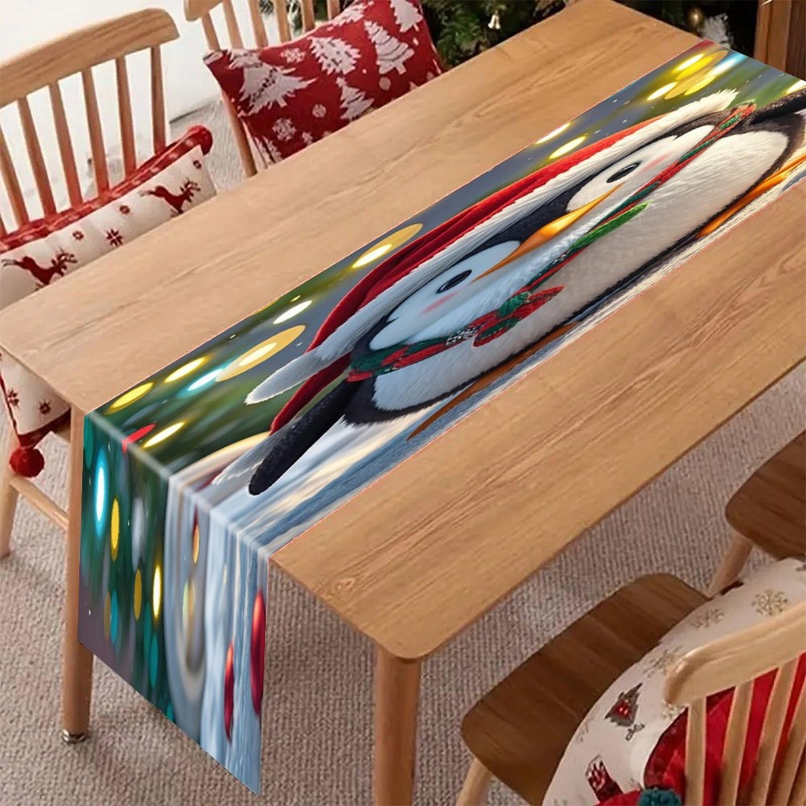 Christmas Funny Penguin Table Runner Modern Art Farmhouse Linen Table Runner Dresser Scarf Seasonal Kitchen Dining Table Decoration Dresser Scarves for Home Party Decor 13x70 Inch
