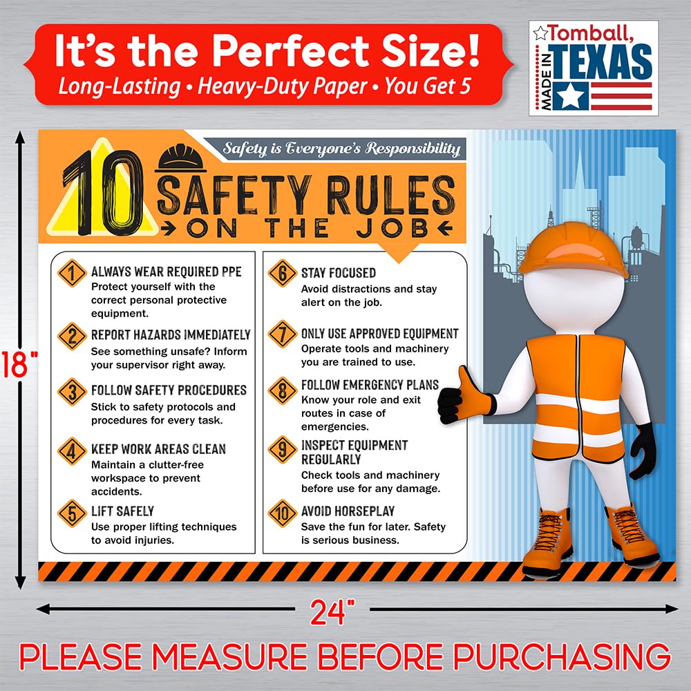 Poster "10 Safety Rules on the Job" Version 2025 - 45,7 x 61 cm, langlebiges laminiertes Sicherheitsschild, reißfest, wasserdicht, Arbeitsplatzsicherheitsposter für Industrie und Baueinstellungen (5