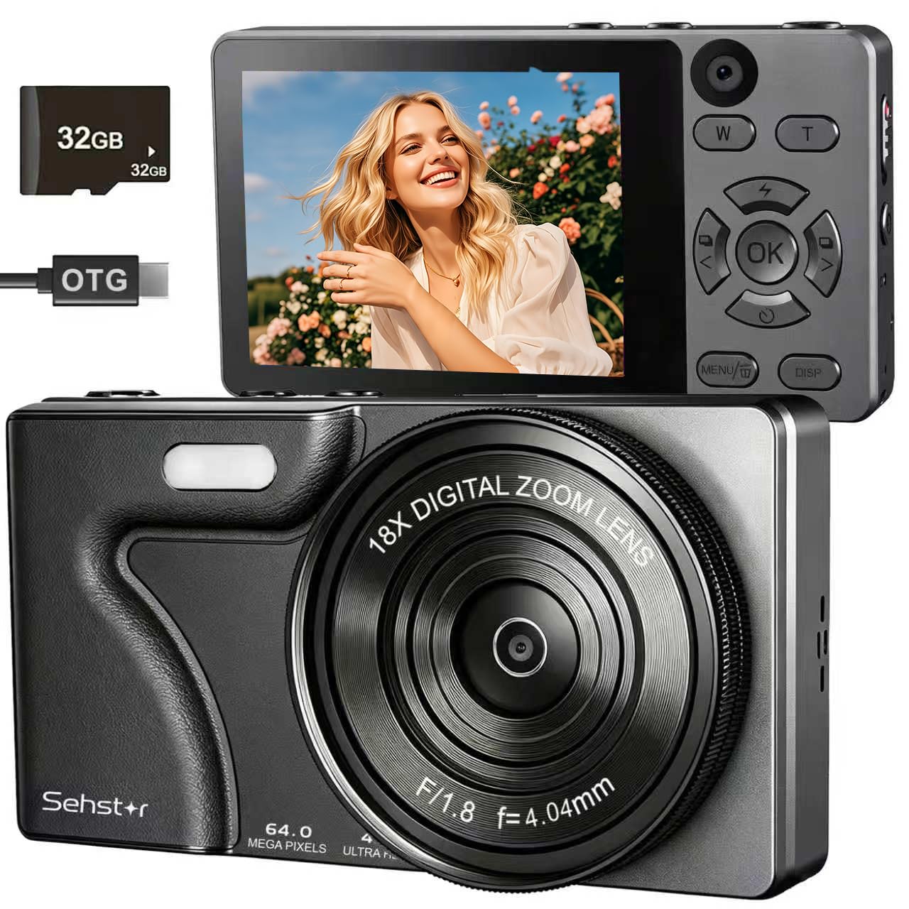 Fotocamera compatta 4K 64MP con scheda SD da 32 GB, schermo IPS da 2,8", zoom digitale 18x, autofocus, batteria da 2000 mAh, trasferimento USB, regalo per bambini, adolescenti e principianti, nero