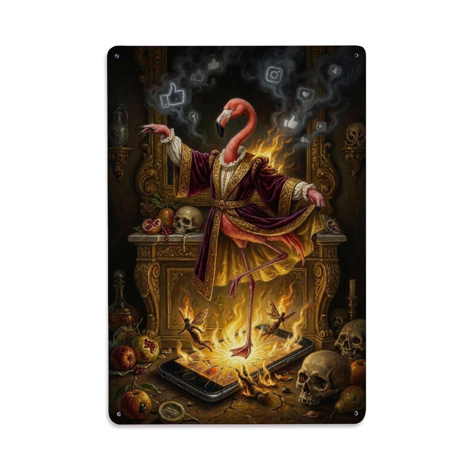 Surreal Gothic Design Social Satire Dark Flamingo Likes Ritual Metal Tin Sign Plaque Wall Decor for Cafe, Man Cave, Club Bar, Office, Home Garden Round Metal Poster 8x12Inch