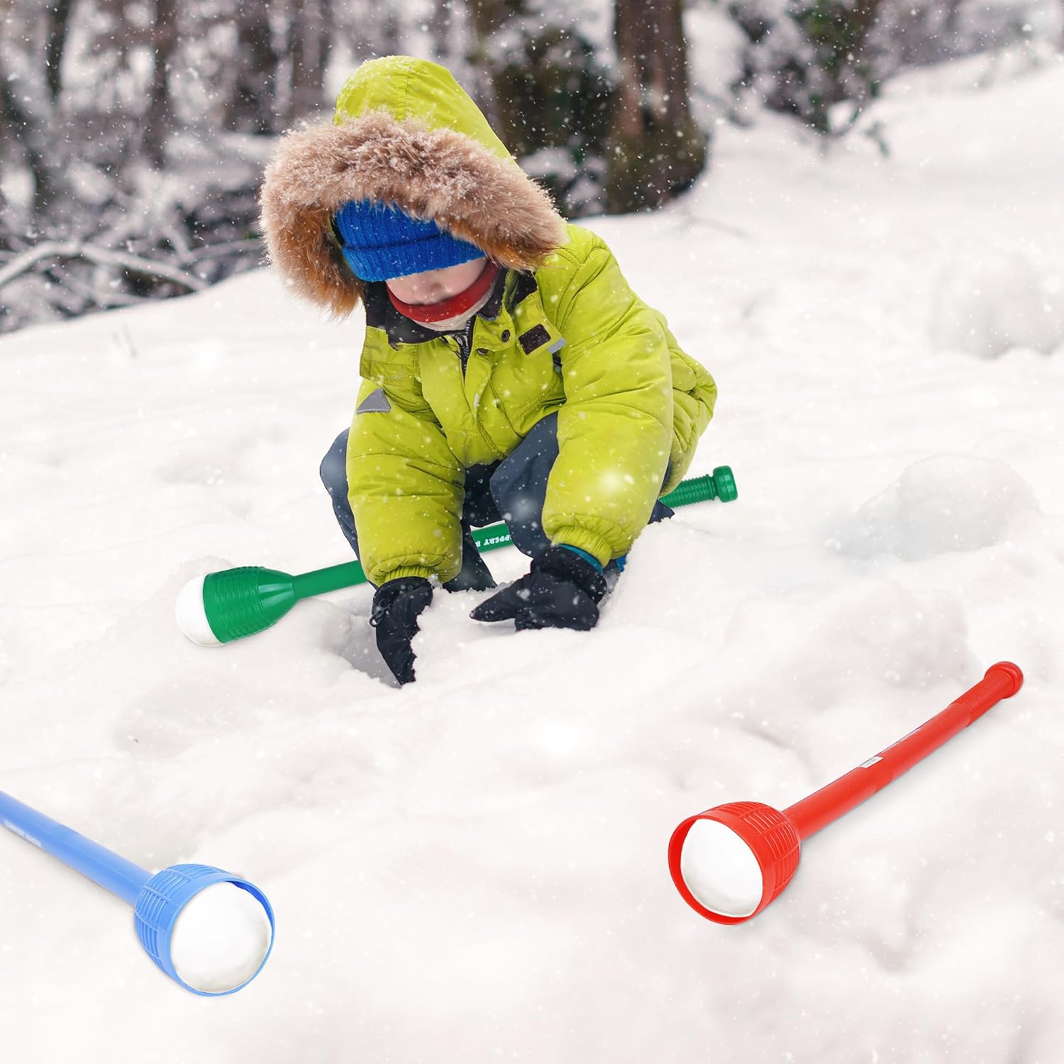Slippery Racer Snowball Thrower Stick Set of 3-Red, Blue and Green
