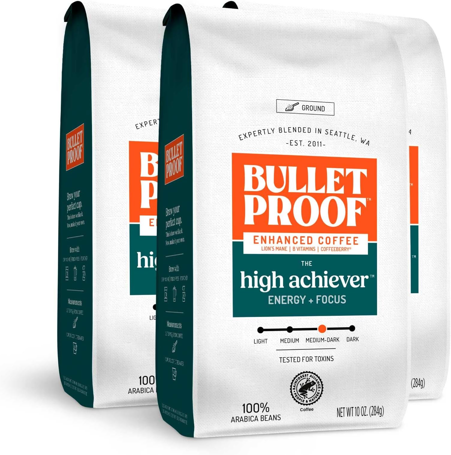 Bulletproof The High Achiever Ground Mushroom Coffee, 10oz (Pack of 3), High Caffeine with Lion's Mane, B Vitamins and Adaptogens for Energy & Focus, Medium-Dark Roast