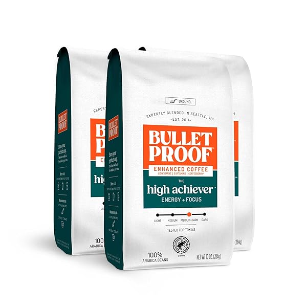 Bulletproof The High Achiever Ground Mushroom Coffee, 10oz, High Caffeine with Lion's Mane, B Vitamins and Adaptogens for Energy & Focus, Medium-Dark Roast
