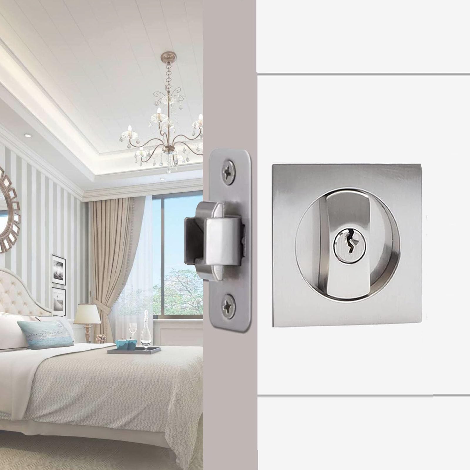 Betensh 66 Mm-Silver Square Sliding Door Lock Invisible Recessed 2 Sided Door Lock Mortise Keyed Pocket Door Lock With Edge Pull Privacy Pocket Door Handle 66 Mm Silver