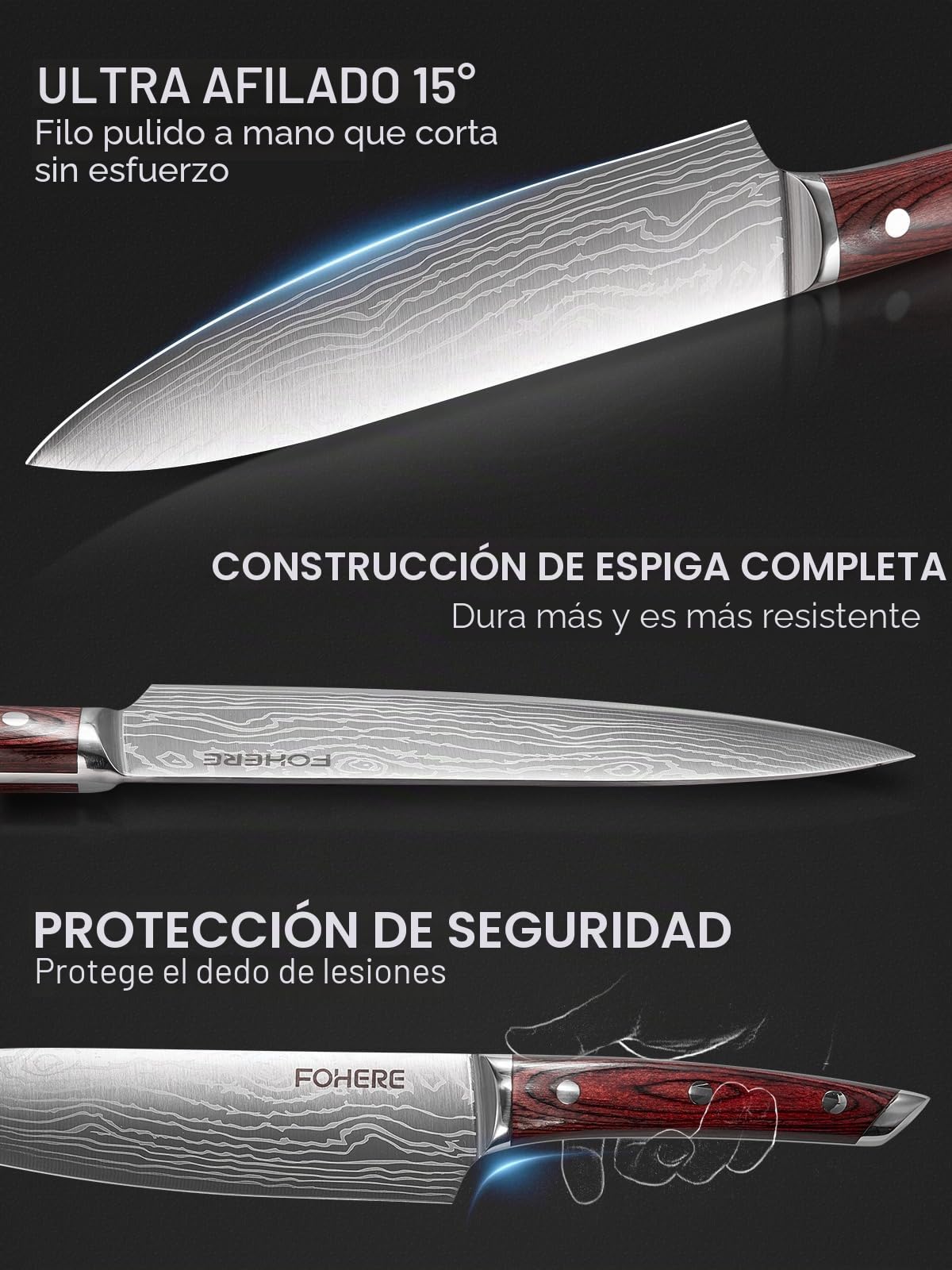 FOHERE Juego de Cuchillos de Cocina Profesional 5 Piezas, Cuchillos Cocina de Acero Inoxidable y Mangos de Madera Natural, Juego de Cuchillos de Chef, Cuchillo Japones Santoku