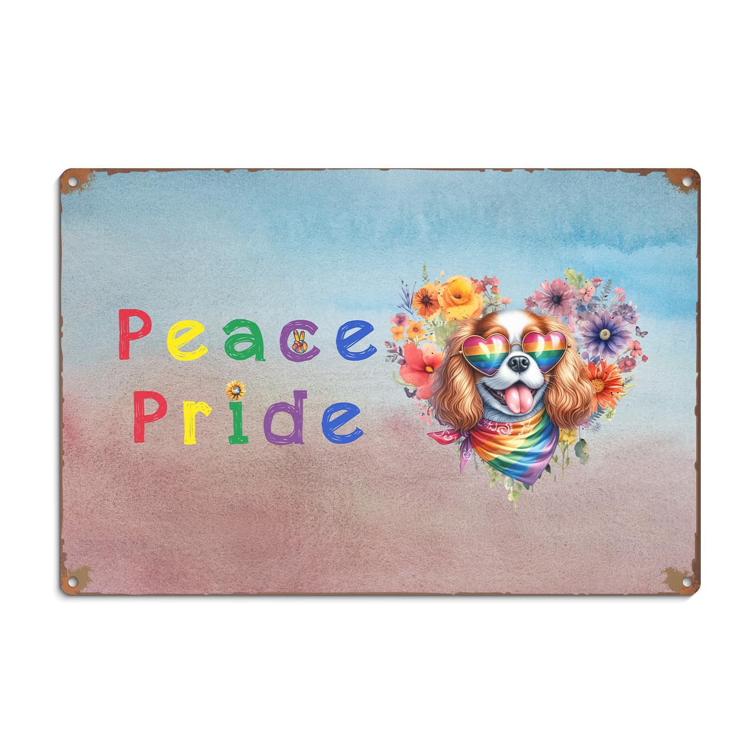 Peace Love Pride Cavalier King Charles Spaniel with Rainbow Sunglasses LGBT LGBTQ+ Landscape Metal Aluminum Sign Dog Lover Gifts Wall Art Home Decor - 004
