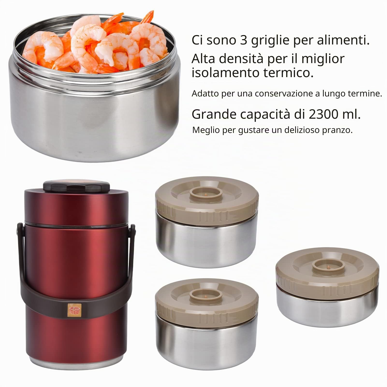 Contenitore termico 2 3L alimenti per bambini acciaio inox 304 3 strati zuppe porridge yogurt rosso