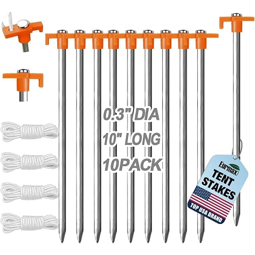 Eurmax USA 10-Pack Secure Protection Galvanized Tent Stakes,Rust-Proof Steel Canopy Anchors for High Winds,Heavy Duty Commercial Ground Pegs for Camping,Pop Up Tents&Gazebos - Includes 4x10ft Ropes