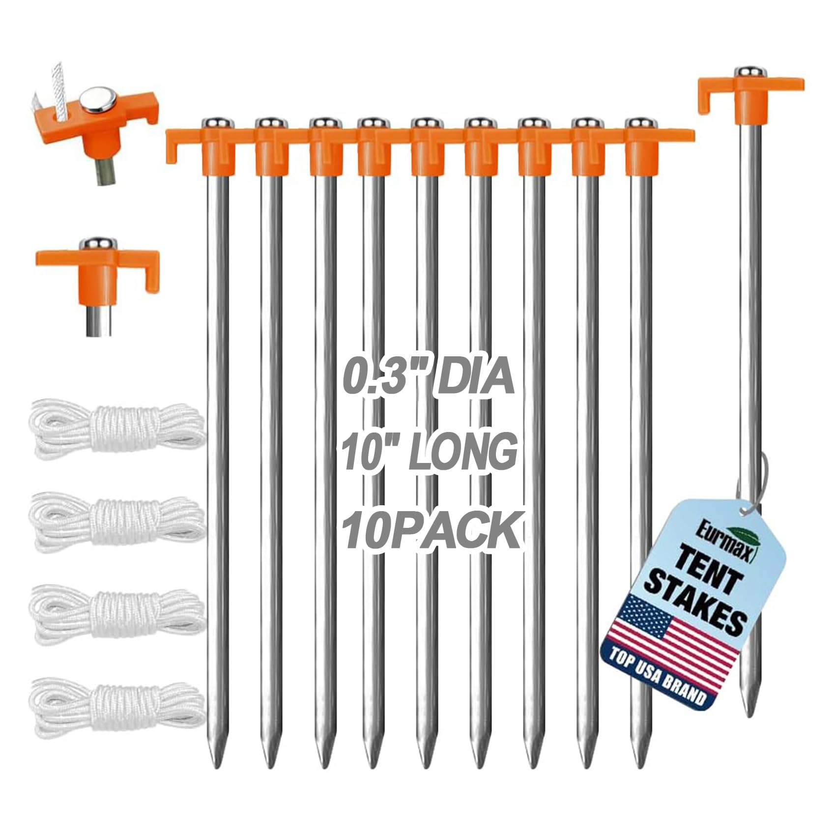 Eurmax USA 10-Pack Secure Protection Galvanized Tent Stakes,Rust-Proof Steel Canopy Anchors for High Winds,Heavy Duty Commercial Ground Pegs for Camping,Pop Up Tents&amp;Gazebos - Includes 4x10ft Ropes