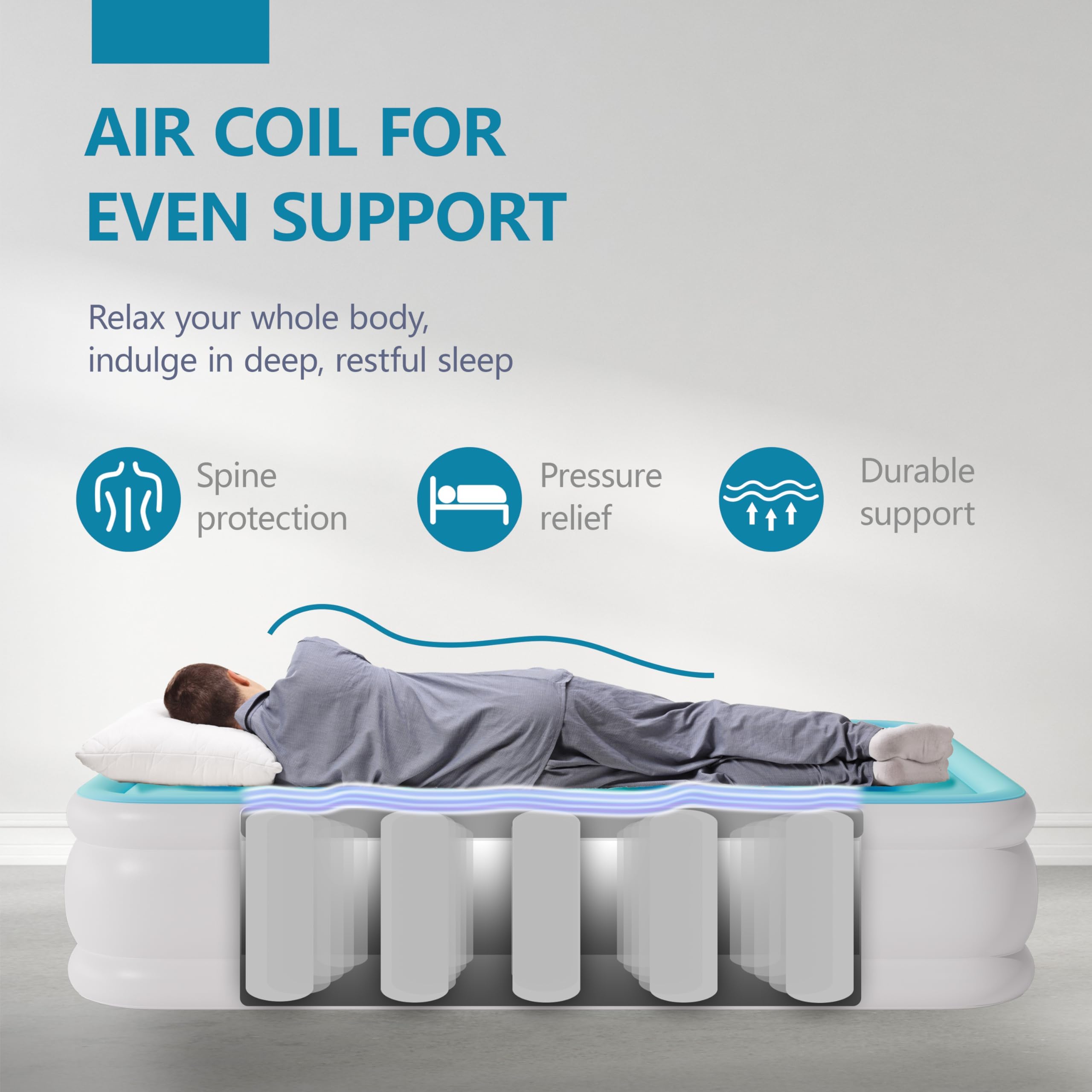 Hi Explore Air Mattress Full with Built in Pump Raised, Comfort Plush Self Inflating Mattress, Inflatable Blow Up Mattress, Portable Airbed for Home, Guests, Camping(Light Blue, 18” Height)