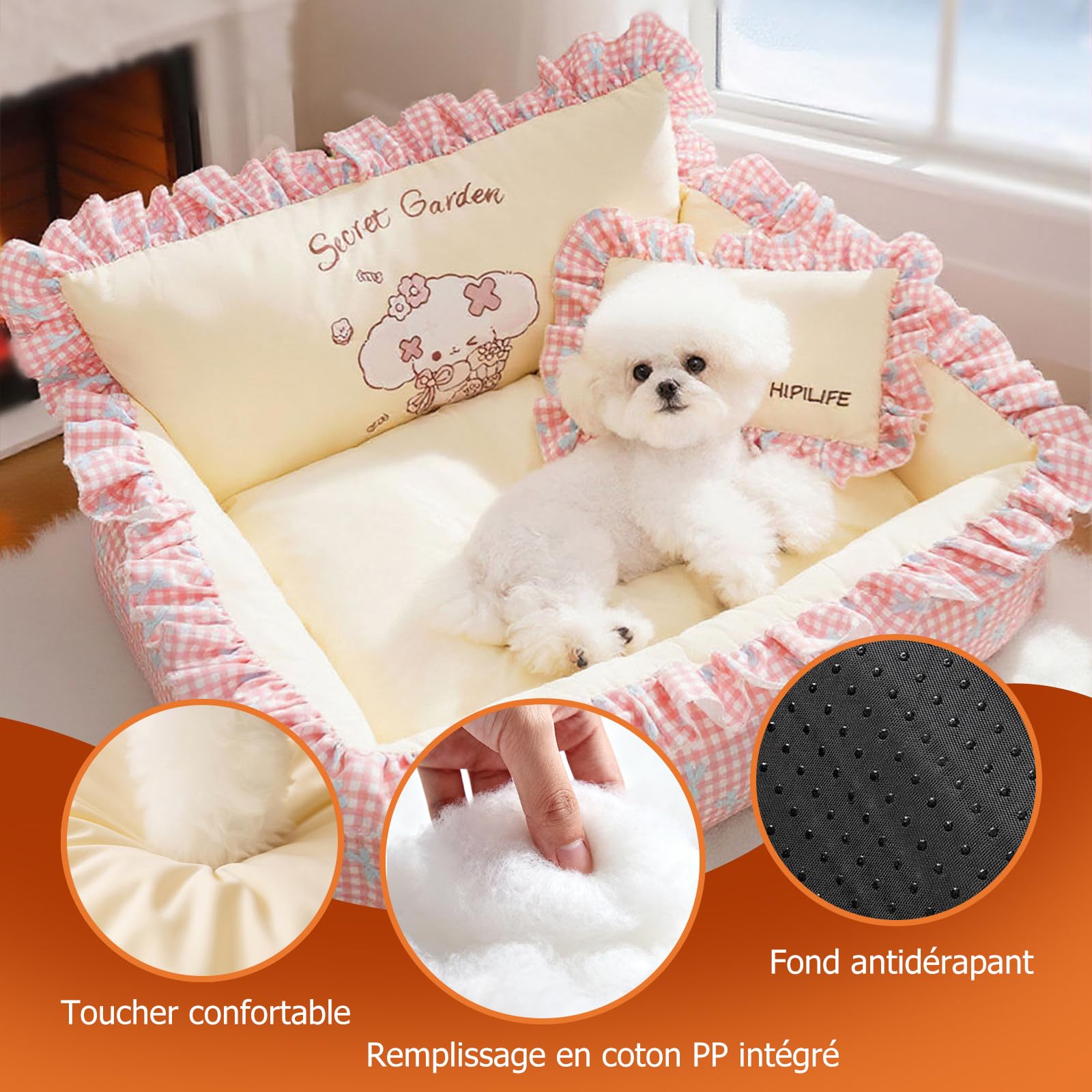 PETCUTE Lit pour Chiens de Taille Moyenne, Canapés pour Chiens avec Fond Antidérapant, Doux et Confortable,Coussin pour Chien,Lit pour Animaux avec Oreiller,Housse Amovible et Lavable,L