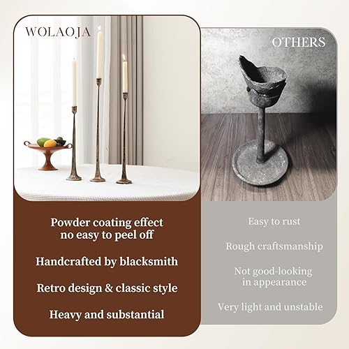 Miniatura 5 de Juego de 3 portavelas, portavelas de hierro dorado antiguo, se adapta a velas de 3/4 pulgadas de grosor, juego de portavelas cónicos altos para mesa