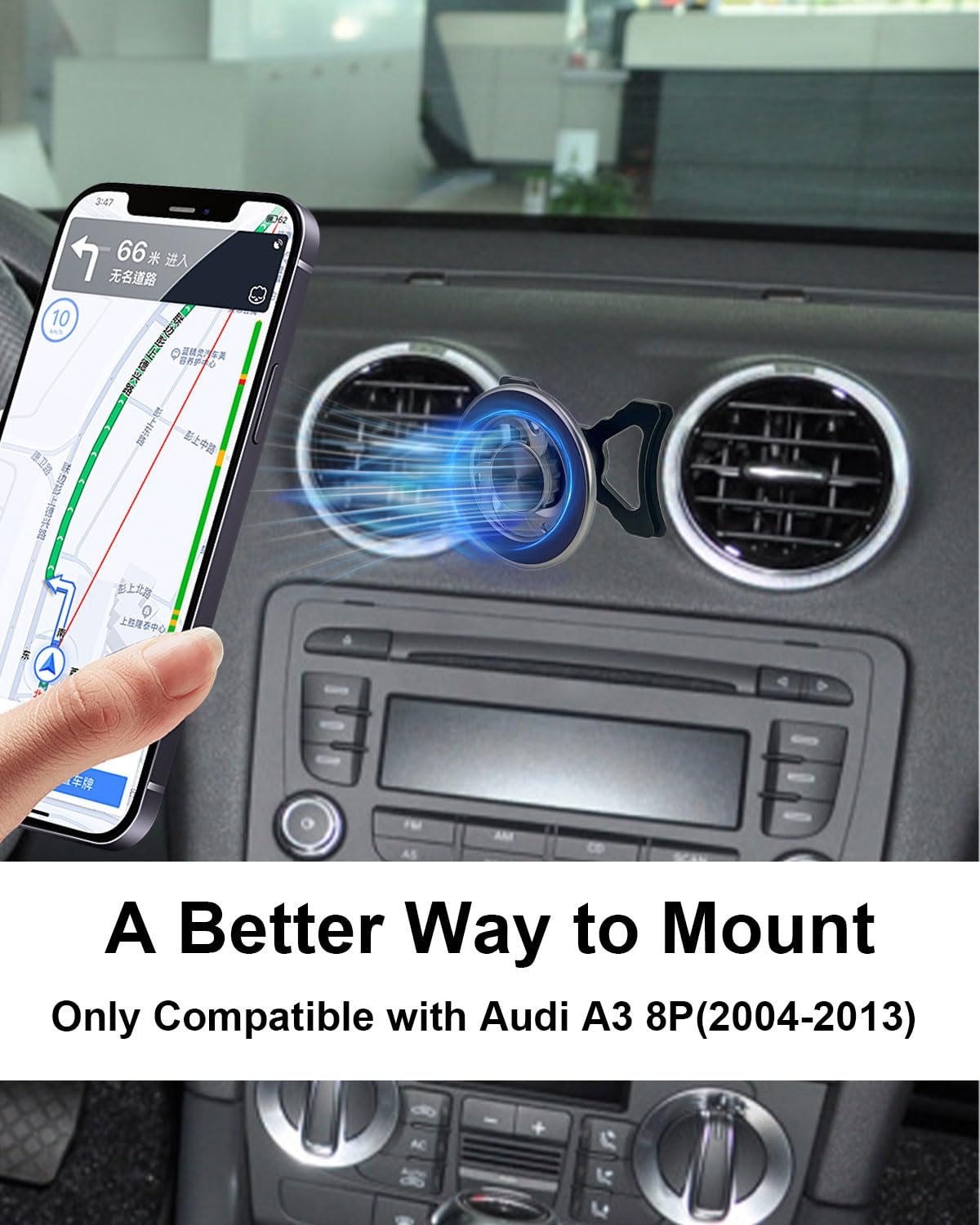 Magnetyczny uchwyt na telefon komórkowy do Audi A3 8P 2004-2013, uchwyt samochodowy z otworami wentylacyjnymi, obrotowy o 360°, do iPhone 17 16 15 14 i GPS