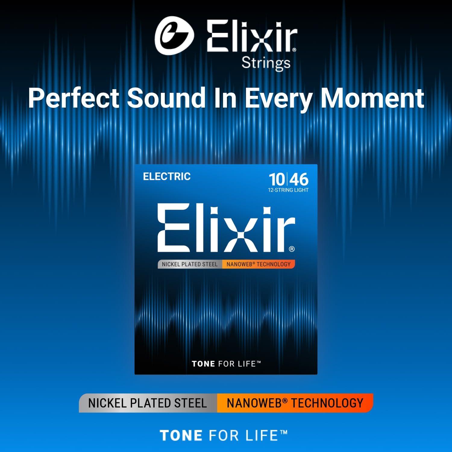 Elixir Strings, Electric Guitar Strings, Nickel Plated Steel with NANOWEB Technology, Longest-Lasting Bright Tone with Comfortable Feel, 12 String Light 10-46