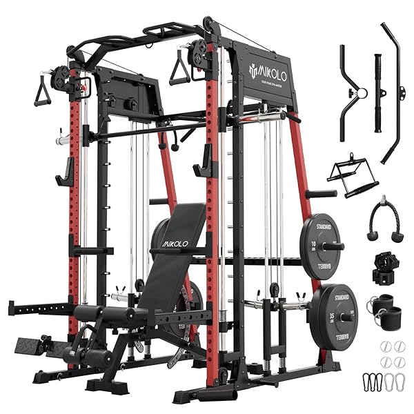 Mikolo Smith Machine, 2200lbs Squat Rack with LAT-Pull Down System & Cable Crossover Machine, Training Equipment with Leg Hold-Down Attachment