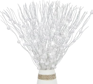 10 Pcs Artificial Glitter Berry Stems for Christmas Tree Picks Curly Sprays Faux Glitter Berry Branches Christmas Tree Twigs Filler Decorations Festival Wreath Supplies Table Centerpiece White, 10