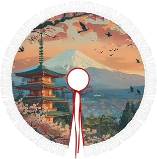 Japanese Temple on Mount Fuji Lake Cherryflower Christmas Tree Skirt Winter Xmas Tree Mat Decorations for Party Holiday