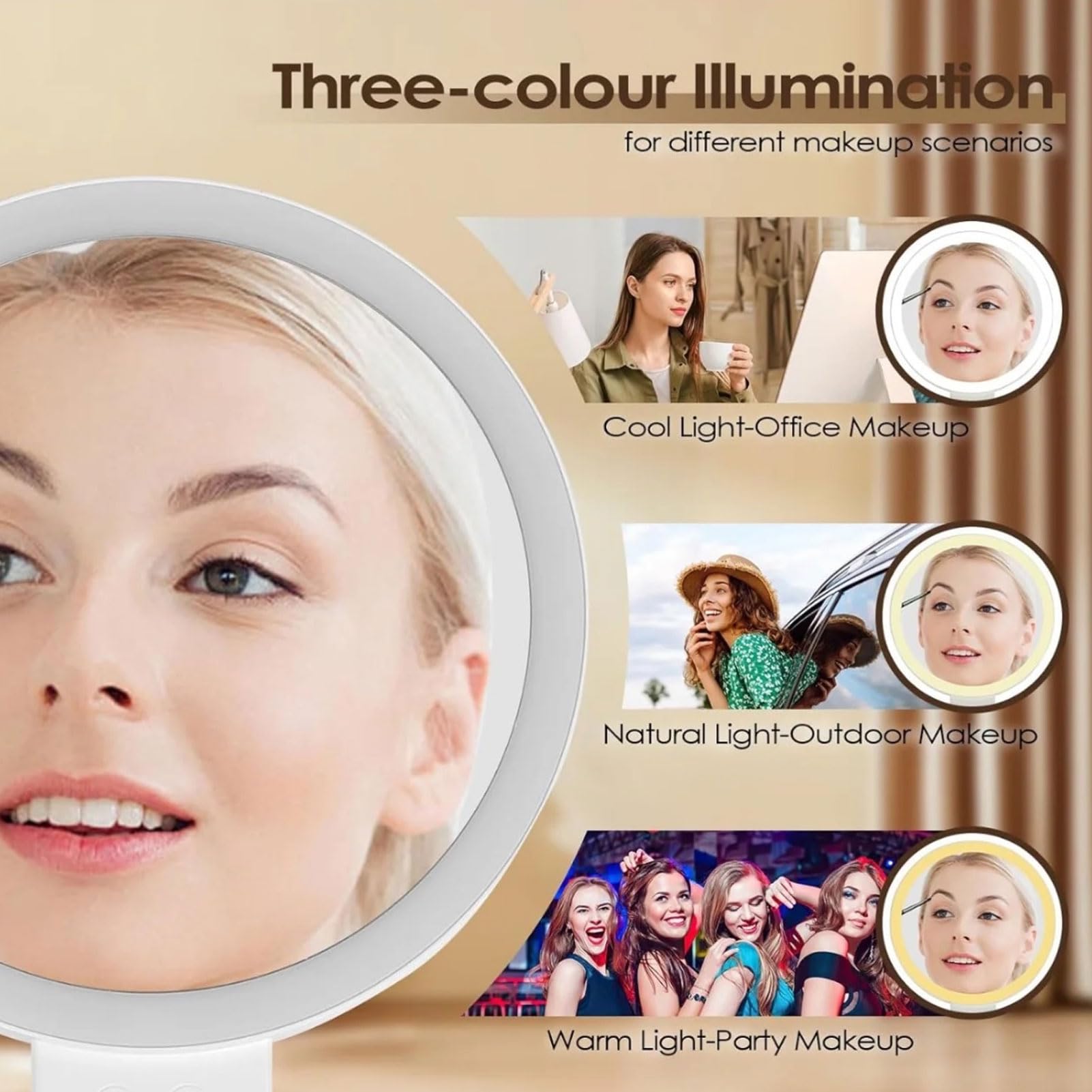 Espejo de Maquillaje con Aumento de 10x de Doble Cara con Luces LED, Control Táctil 3 Temperaturas de Color, Espejo de Tocador Inalámbrico Recargable para Montar en la Pared