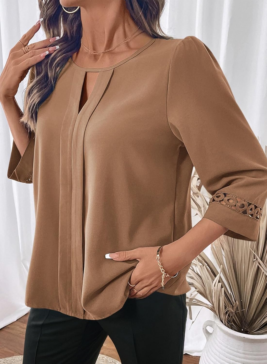 Dokotoo Womens 3/4 Sleeve Tops Dressy Blouses Crewneck Business Casual Office Shirts Clothes - Image 3