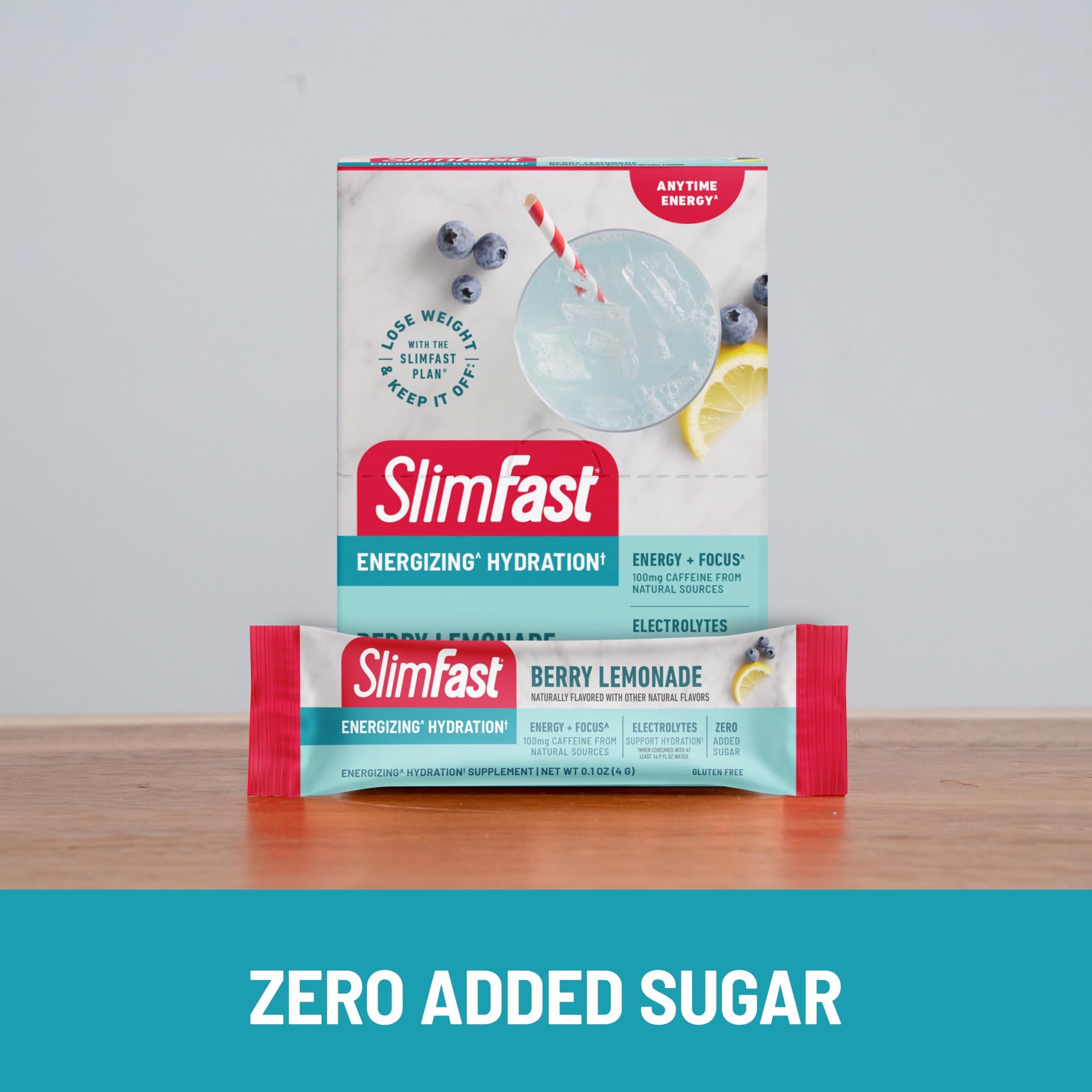 Hydration Packets, SlimFast Intermittent Fasting Electrolytes, Energy Powder Drink Mix, Caffeine from Natural Sources- Berry Lemonade (12 Count)