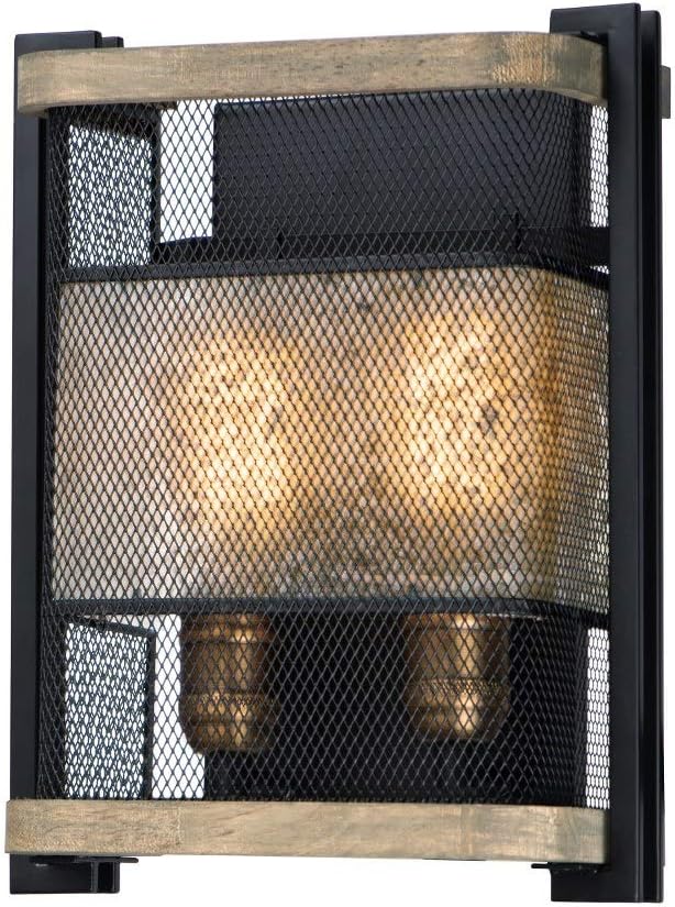 Maxim Lighting Boundry 2-Light Wall Sconce | Black/Barn Wood/Antique Brass Steel Finish | Rustic Indoor Light Fixture | Ideal for Hallways, Bedrooms & Bathrooms | Damp Rated | 27562BKBWAB
