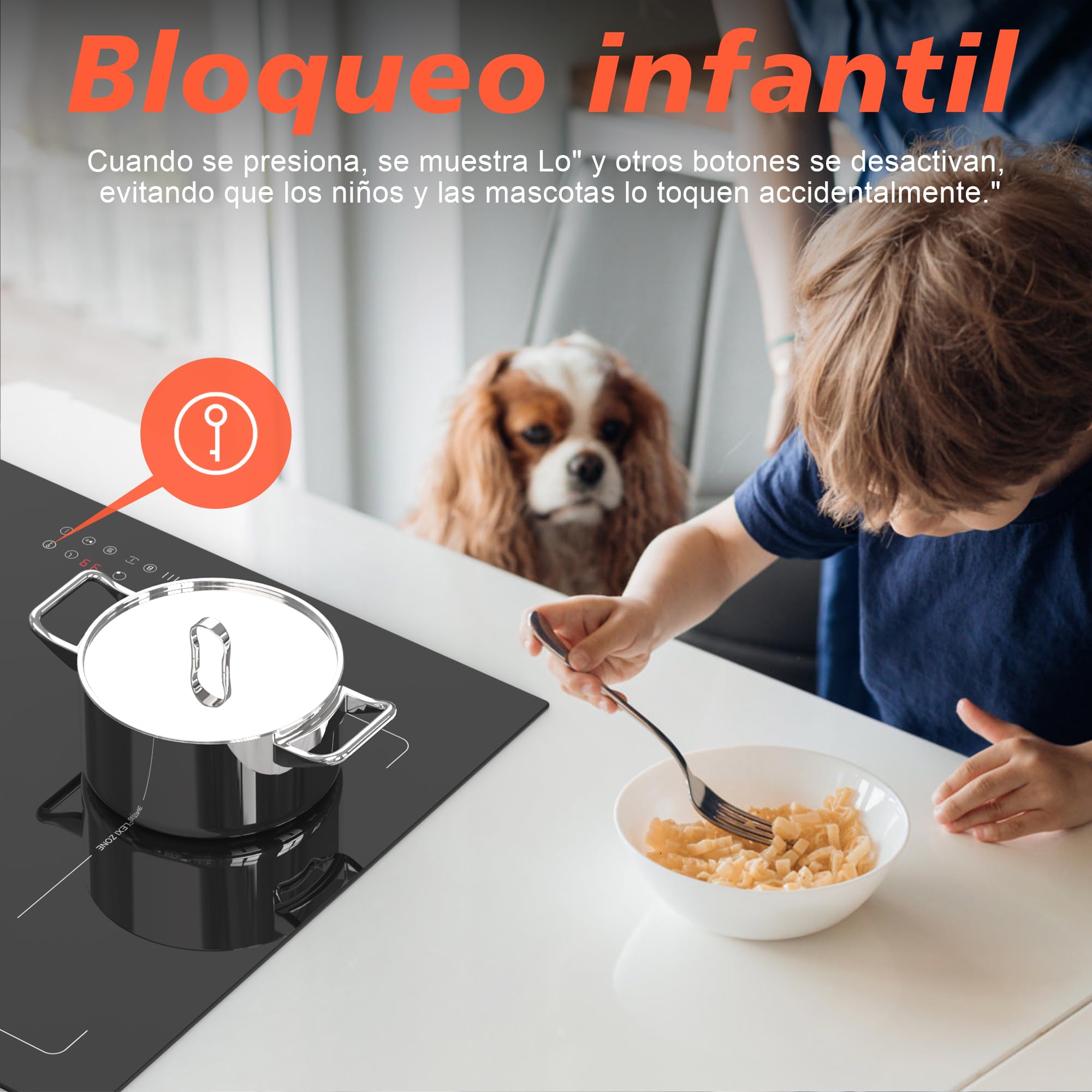 Karinear Placa Induccion 4 Fuegos con Enchufe y Zona Flexible | Plug and Play, Función de Mantenimiento del Calor y de Pausa, Temporizador, Bloqueo de Seguridad Para Niños, 52×59 CM, 3500W