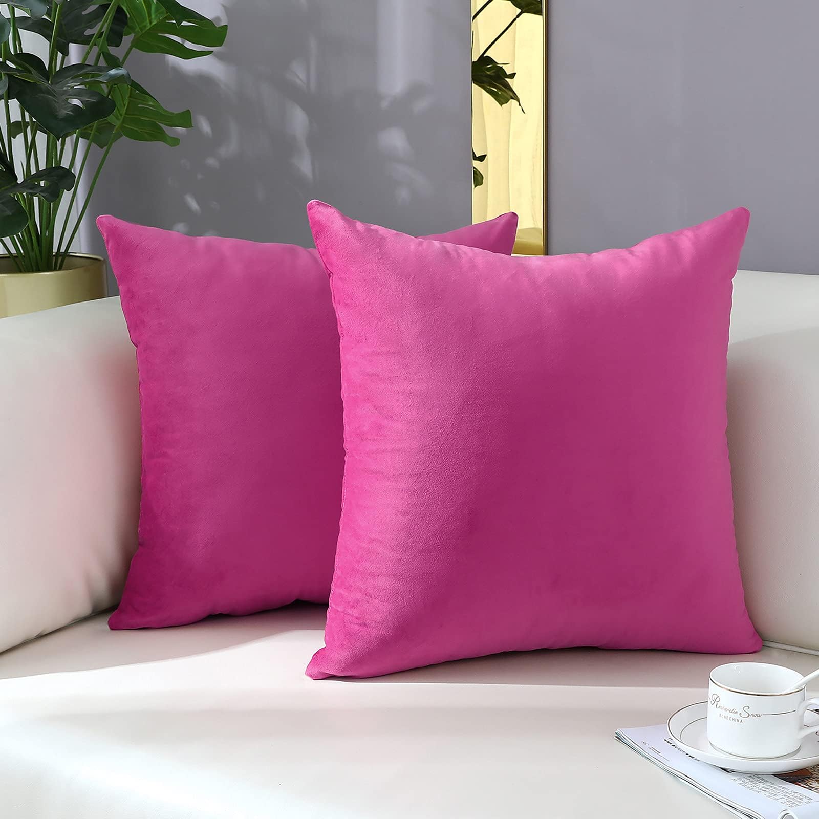 mixeoo Comfy Hot Pink Throw Pillow Covers Decorative Square Velvet Super Soft Cushion Cases Home Decor for Sofa Couch Living Room Chair, Set of 2, 16 x 16 Inch