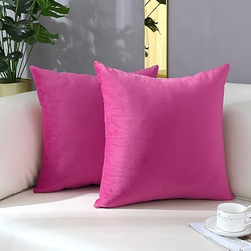 mixeoo Cómodas fundas de almohada decorativas de color rosa intenso, cuadradas, de terciopelo grueso sólido, súper suaves, decoración del hogar para