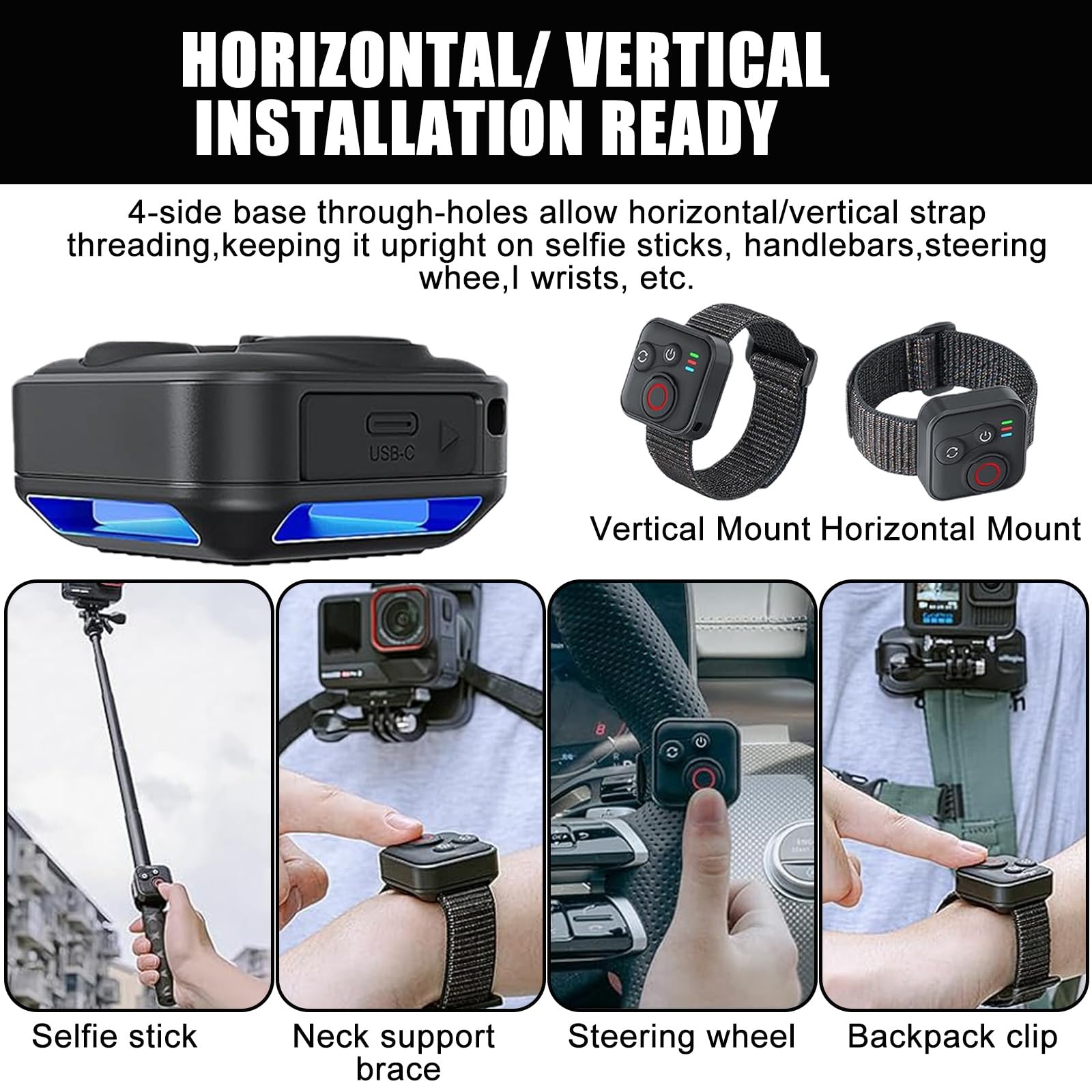 Télécommande Bluetooth pour Insta360 X5/X4/X3/Ace Pro 2/Ace Pro/GO3S/GO3/Hero 13/12/11, portée 50 m BT5.1 Type-C