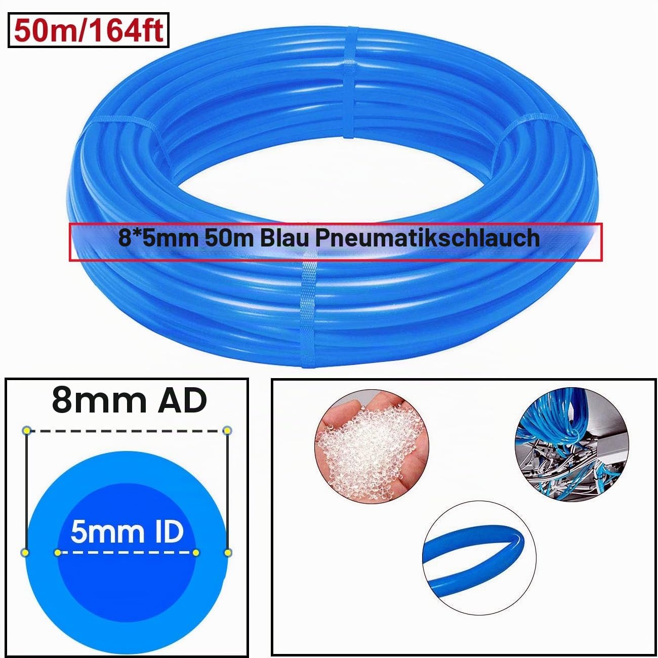 HUAZIZ 50 m Blau PU Pneumatikschlauch, Pneumatic Polyurethane Schlauch, Flexibel Druckluftschlauch, Außen 8 mm x Innen 5 mm + 1 Stück Blau Schlauchcutter +1Stück Rosa Teflonband