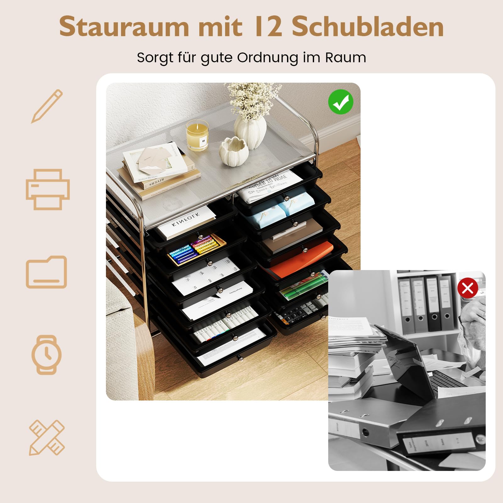 COSTWAY Rollwagen mit 12 stapelbaren Schubladen, Schubladenwagen (Schwarz)