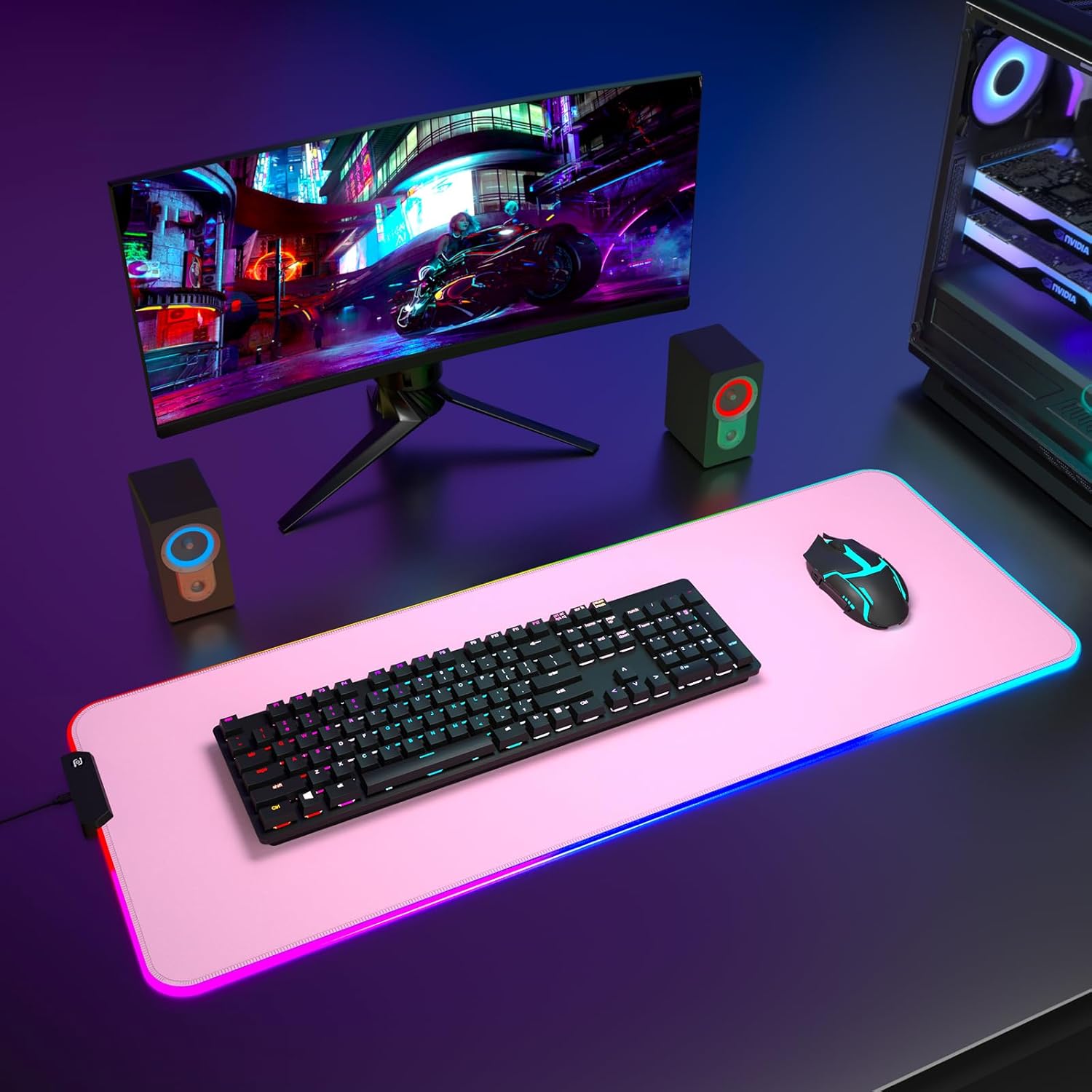 ITNRSIIET RGB Gaming Mouse Pad, Full Desk XL Extended Large Gaming Mousepad, 12 Lighting Modes 30% Thicker Big LED Desk Mat for Gamers, 32 x 12 inches, Pink