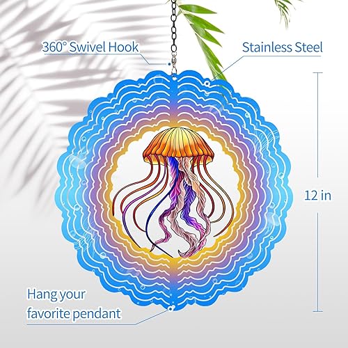 Miniatura 4 de Hilanderos de viento de medusa, 12 pulgadas, de acero inoxidable 3D, escultura cinética, azul, vida marina, decoración de jardín