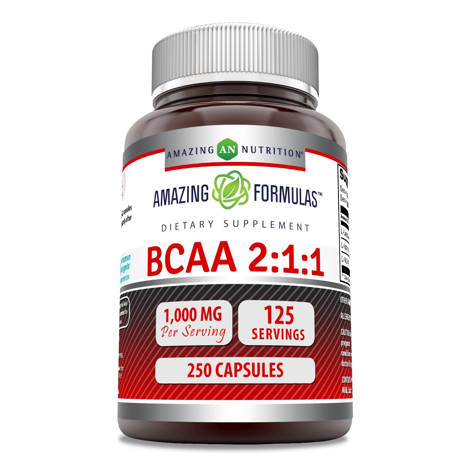 Amazing Formulas BCAA 2:1:1 1000 Mg Per Serving | 250 Capsules Supplement | Branched Chain Amino Acids | Non-GMO | Gluten-Free | Made in USA