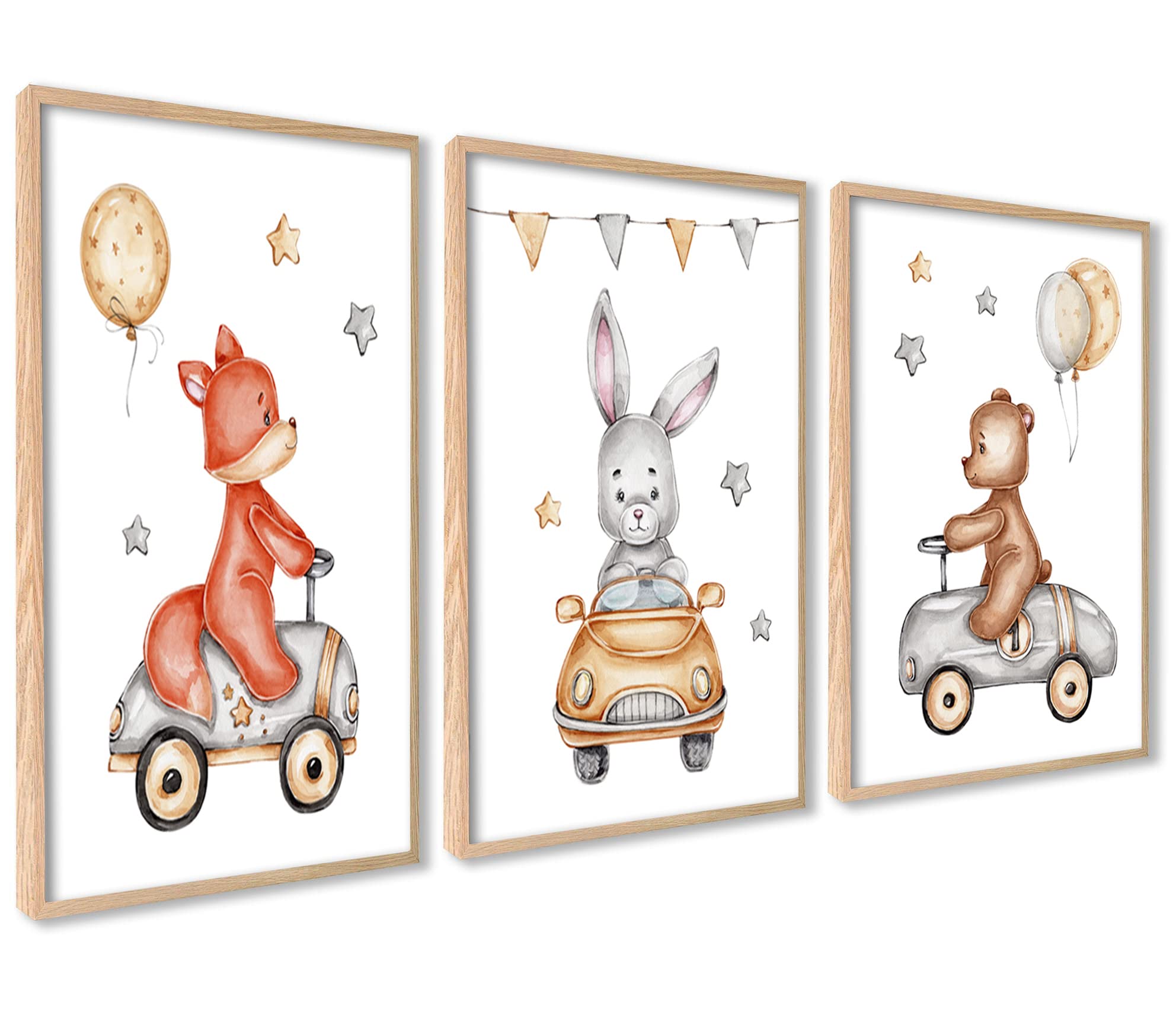 ag.art deco Decoration Chambre Bebe 30x40 cm | Affiche Decoration Murale Enfant | 3 Tableaux pour Décoration Chambre Fille ou Garcon | Poster Mural sans Cadre (Animaux en Voiture)