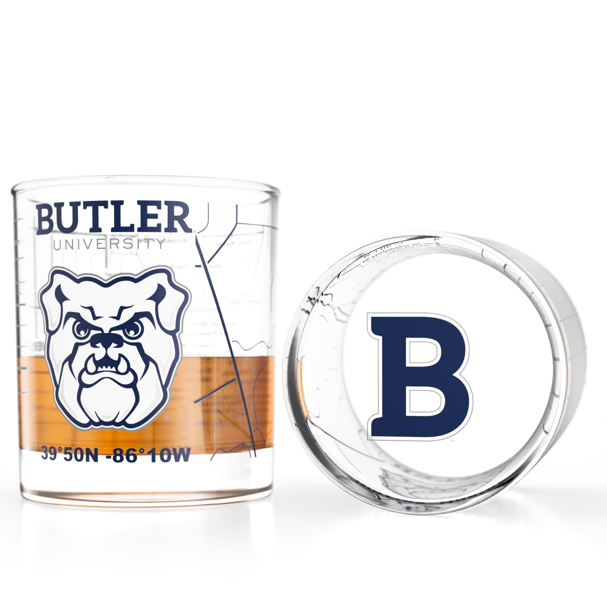 Greenline Goods University of Butler Bulldogs Whiskey Glasses Set of 2, 10 oz Rocks Glasses with Full-Color Logo &amp; Campus Map – Officially Licensed Bourbon Glass Gift for Alumni &amp; Fans