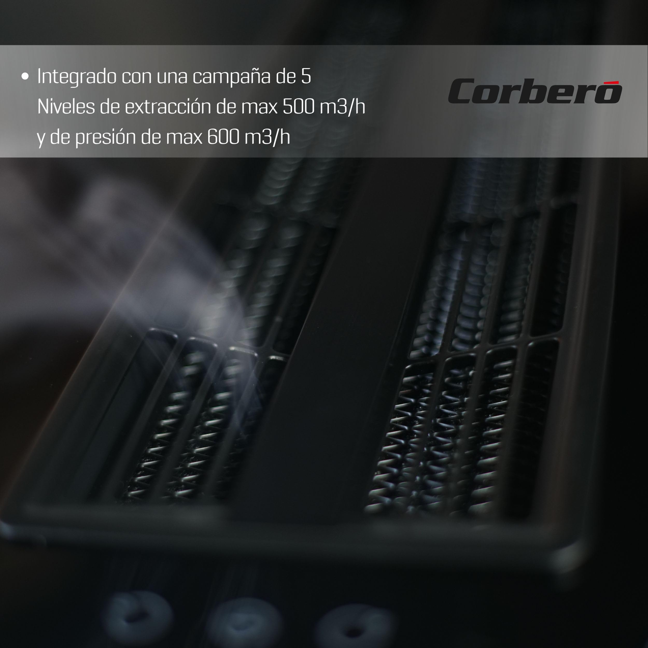 Corberó - Placa Inducción Flexi | 4 Fuegos | 7000 W | Touch Control | Boosters y Temporizador | Campana Integrada | 5 Niveles Extracción 500 m³/h | Presión 600 m³/h | Sistema Plasma+ y Luz UVC | Negro