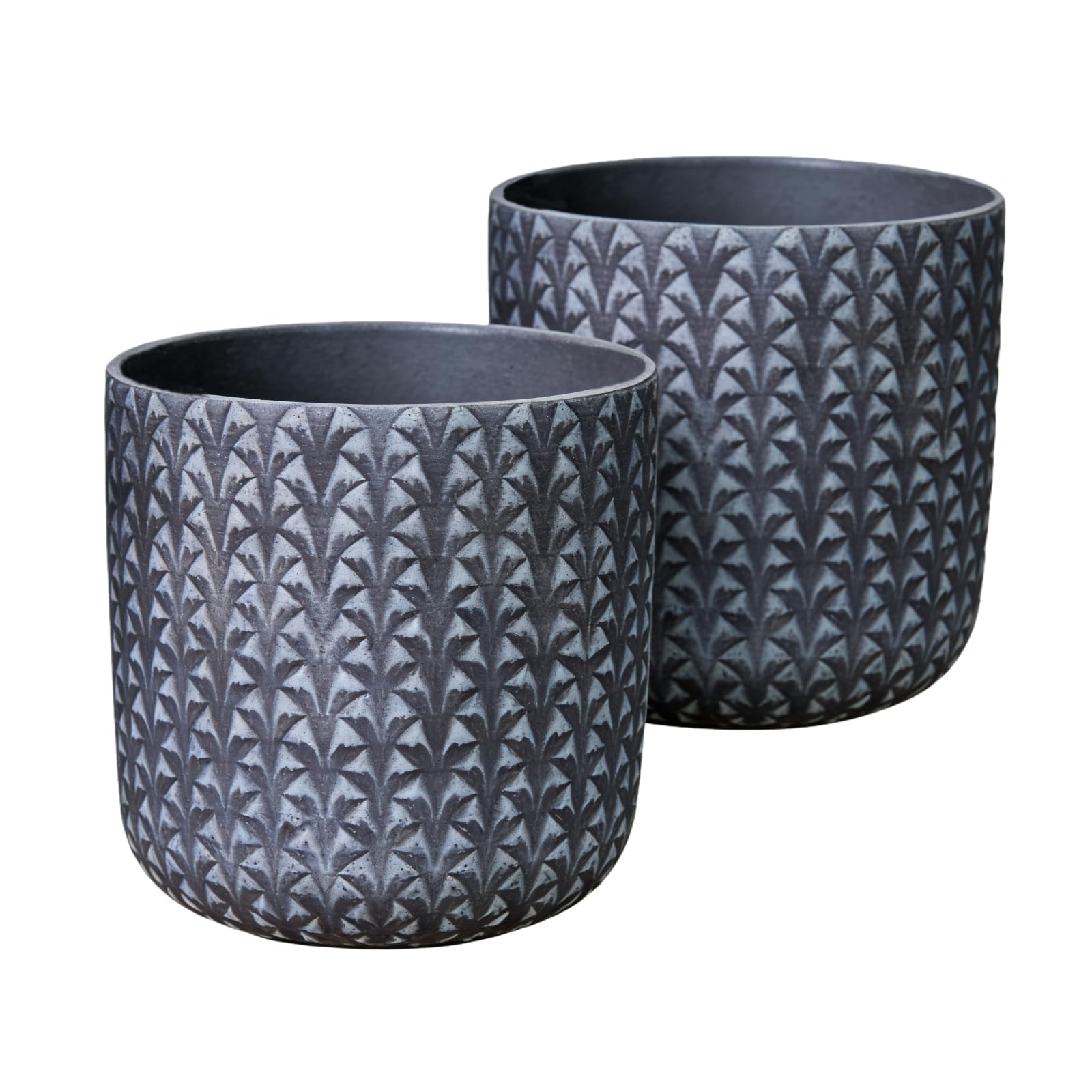 9.5 inch Outdoor Plant Pot Flower Planter for Indoor and Garden Plants with Drainage Hole, Round Pineapple Pattern Set of 2 (Dark Grey)