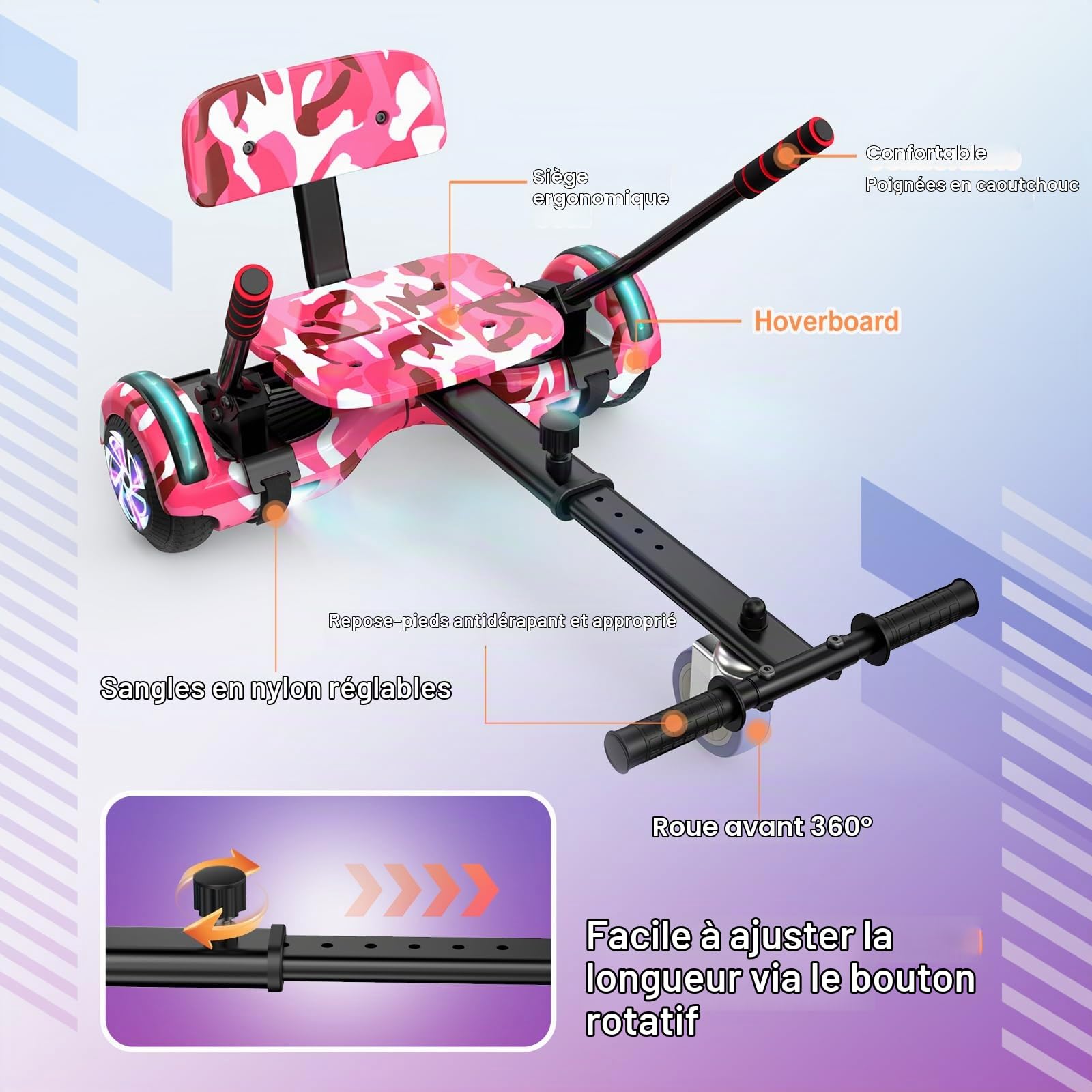 SISIGAD Hoverboard avec Kart, Go Kart 6,5 Pouces, Hoverboard Tout Terrain Auto-équilibré avec Haut-parleurs Bluetooth et Lumières LED, Cadeau pour Enfants, Rose Camouflage