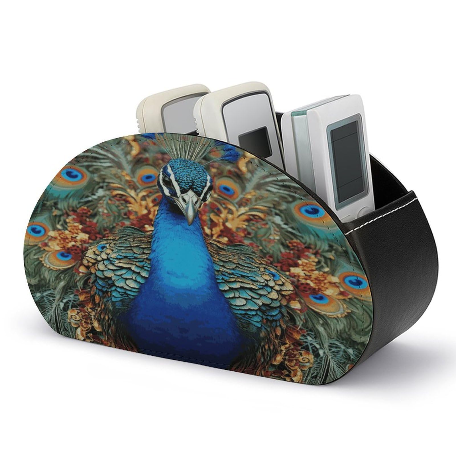 VstaDank - Elegant Peacock Remote Control Stand with 5 Compartments TV Box PU Leather Multifunctional Storage Box for Office Computer Bedside