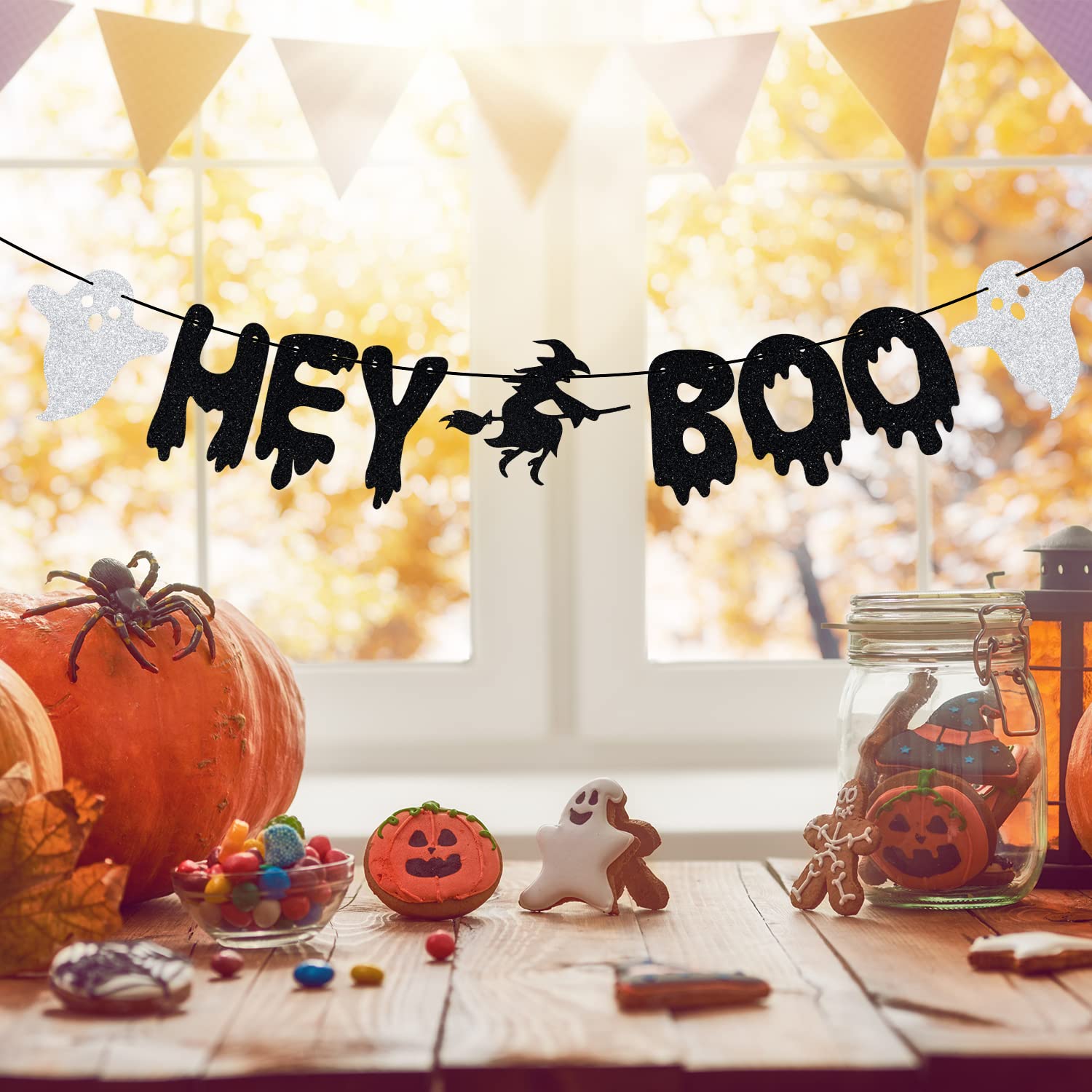 Here For The Boos Halloween Banner - Black Glitter Bat Party Decorations