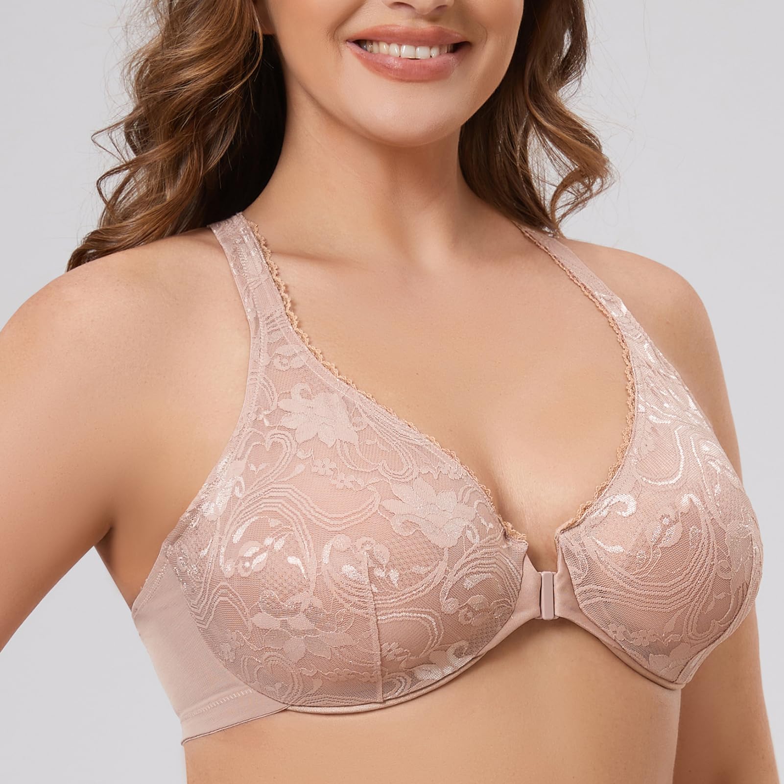 MELENECA Soutien-Gorge Grande Taille Dos Nageur Non doublé en Dentelle avec Armatures et Fermeture sur Le Devant pour Femme
