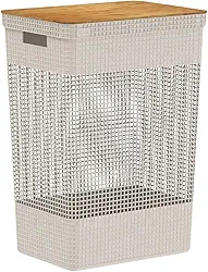Ou Cesto de roupas 49L com tampa de bambu Bege Linha Grid