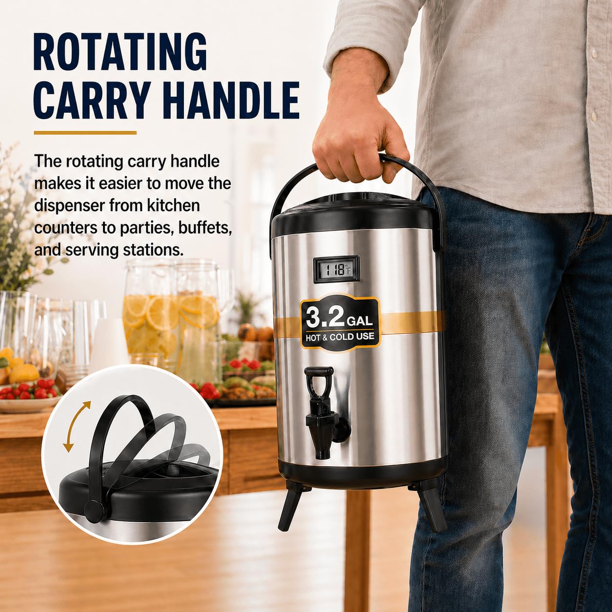 Dispensador de bebidas aislado de 3.2 galones, servidor térmico de café y bebidas de 12 litros con espiga, recipiente de bebidas frías y calientes no eléctrico para jugo, té, leche o chocolate