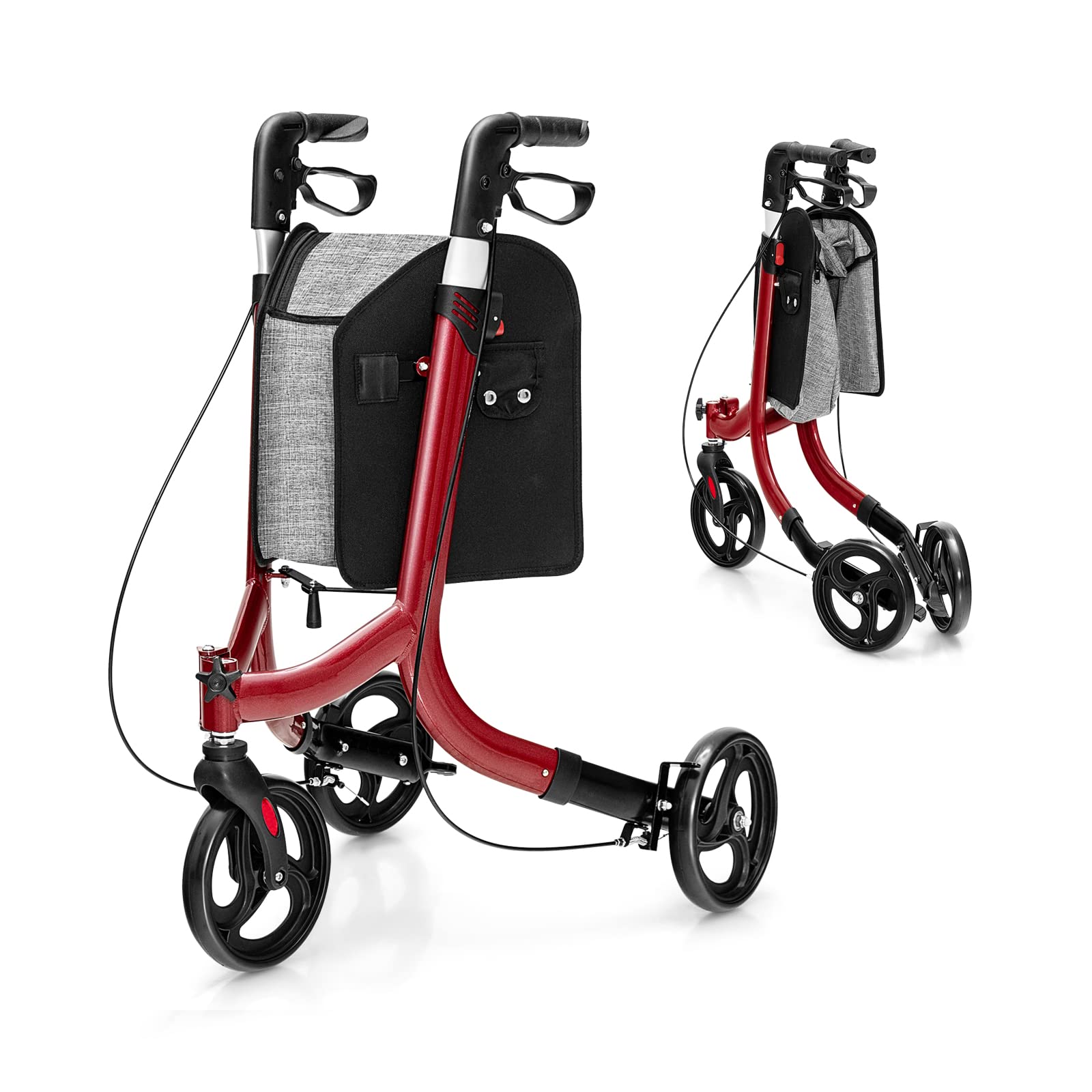 Safstar 3 Wheels Rollator Walker, Folding Mobility Aid Walker w/Adjustable Handle, Storage Bag, Brakes, Lightweight Rolling Walker for Seniors Elderly, Aluminum Frame Supports up to 300 lbs (Red)