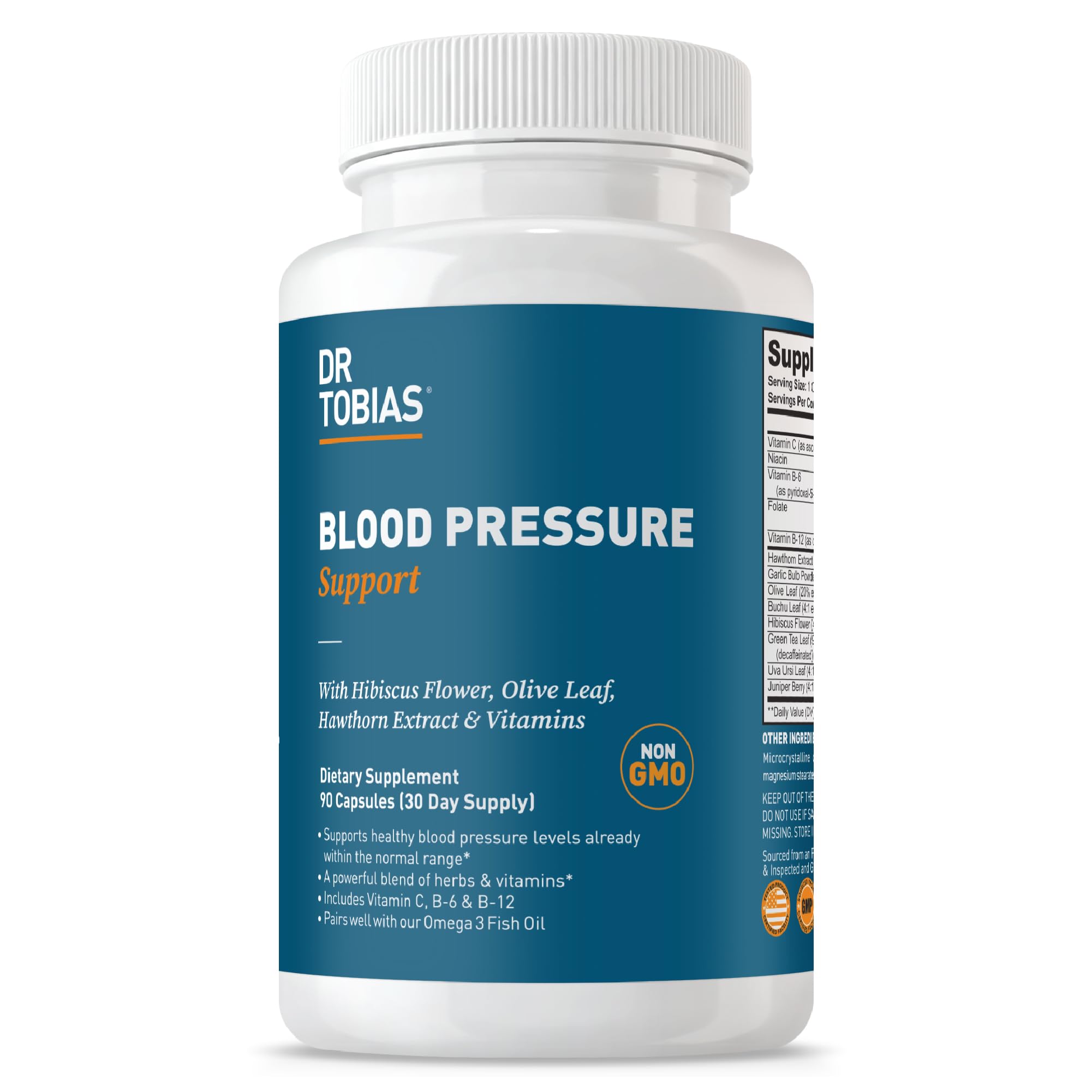 Dr. Tobias Blood Pressure Support Supplement with Hawthorn, Hibiscus Flower, Olive Leaf & Garlic, Supports Normal Circulatory Health with Vitamins C, B6, B12, Niacin, Folate & Herbs, 90 Capsules