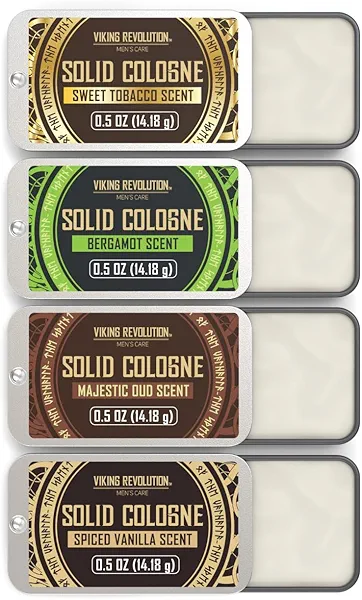 Viking Revolution 4 Pack Mens Colognes - 0.5 Oz Solid Perfume with Spiced Vanilla, Sweet Tobacco, Majestic Oud, Bergamot - Travel Wax Balm Cologne