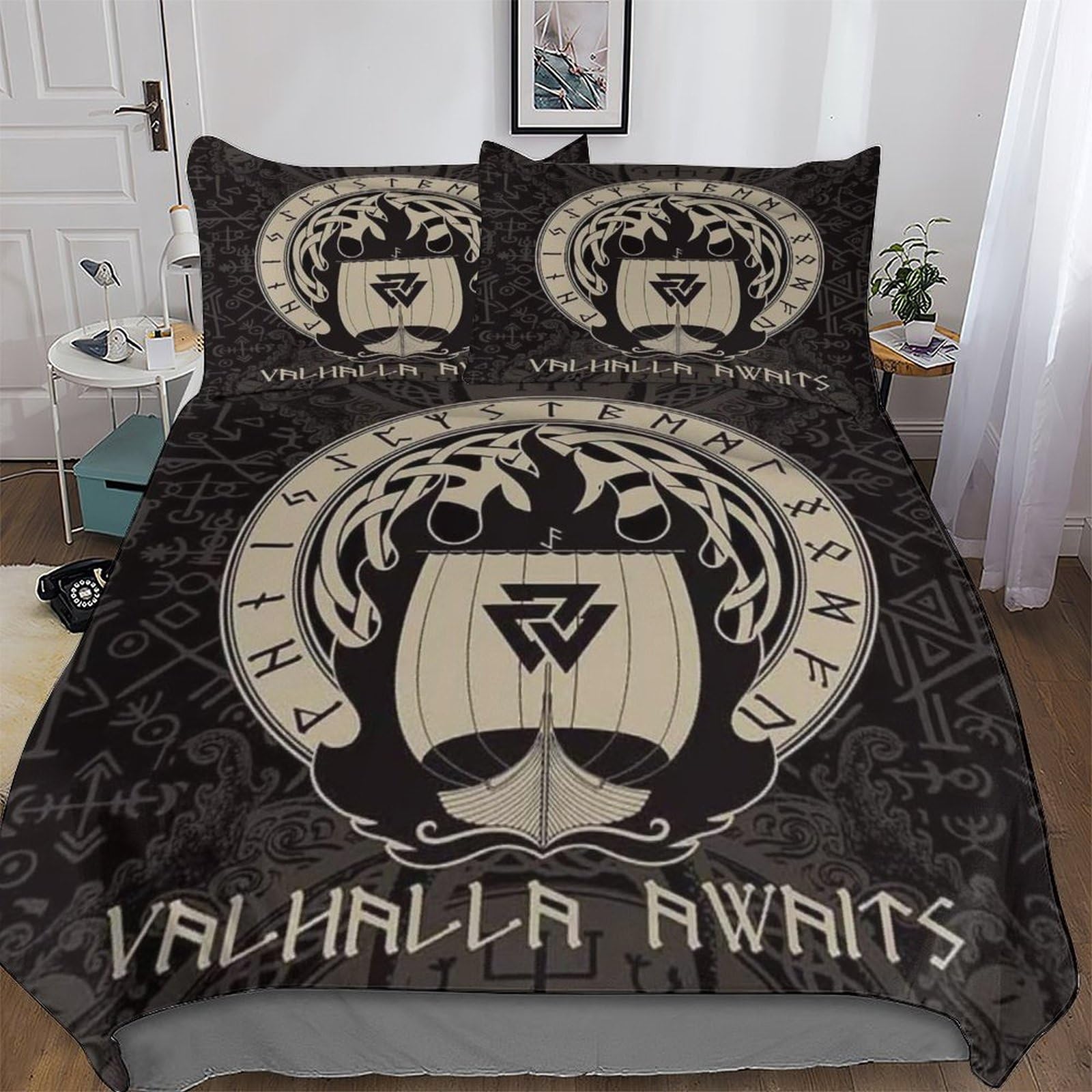Housse de couette Viking mythologie parure de lit 3 pièces microfibre 220x240cm king adultes